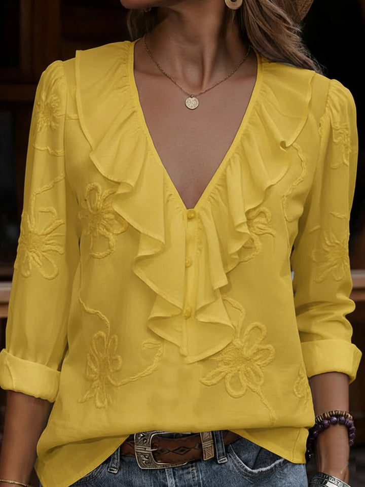 Phoebe – Ruffle V-Neck Floral Embroidered Blouse