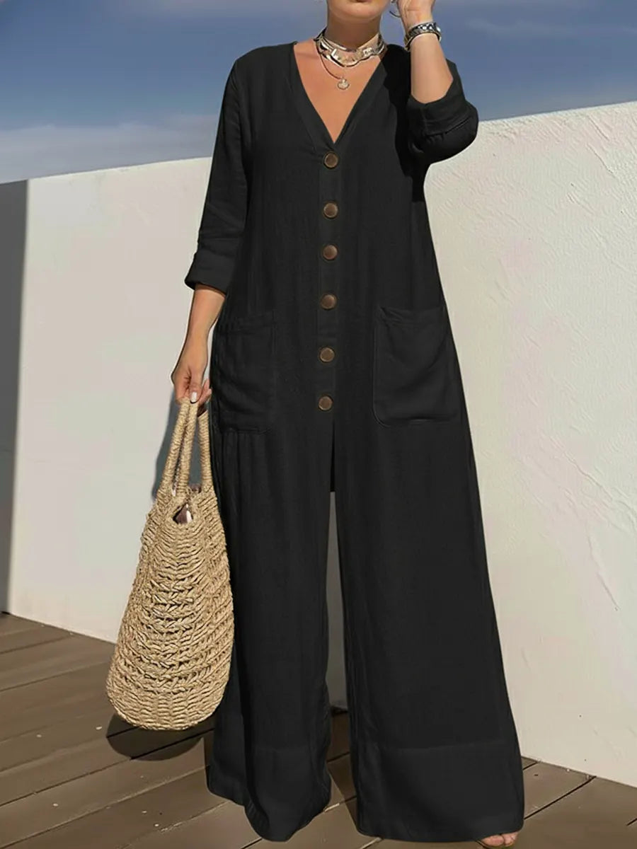 Minnie – Wide Leg Button-Front Linen-Look Jumpsuit