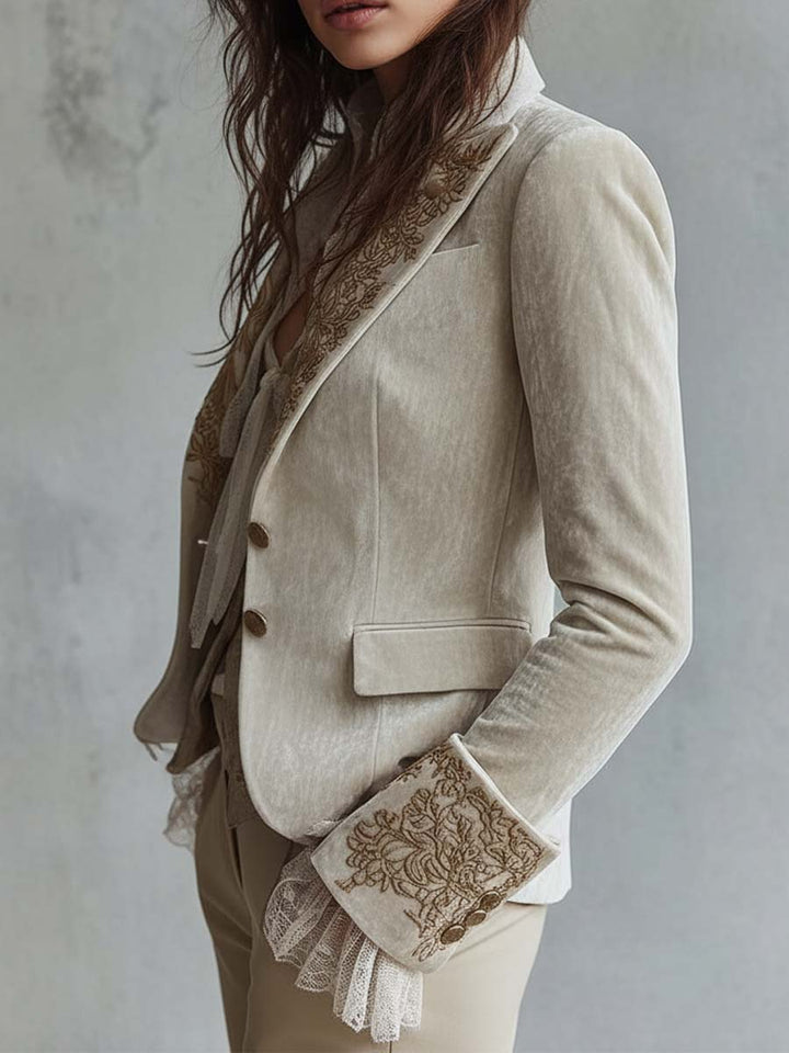 Hermione – Embroidered Blazer with Lace Cuff Detail