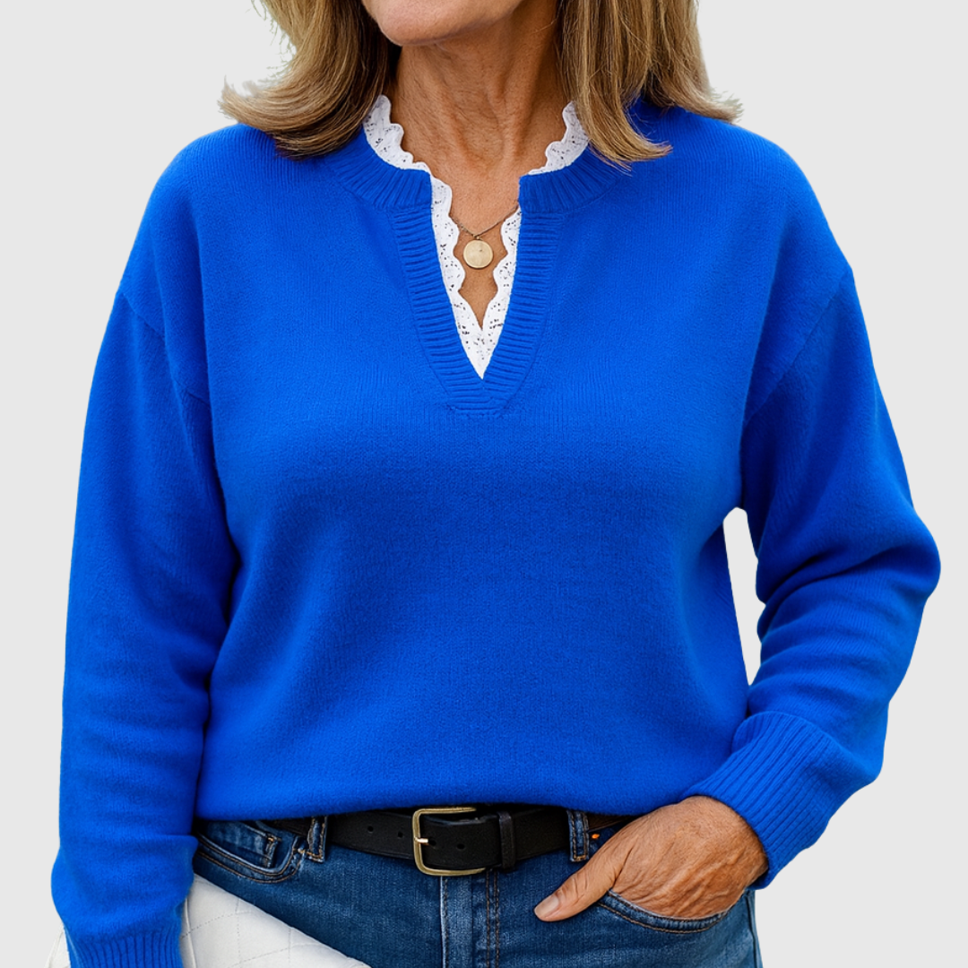 Iris – Lace-Trim V-Neck Knit Jumper