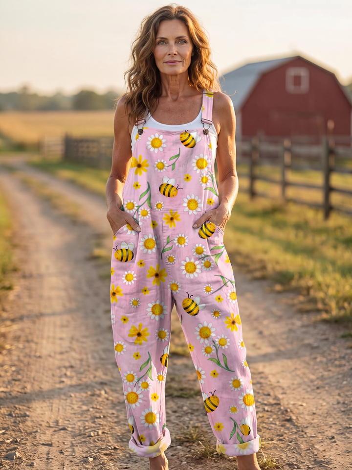 Macey | Daisy & Bee-Print Dungarees