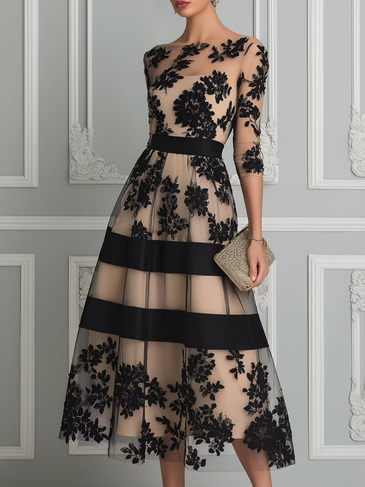 Delyth – Floral Lace A-Line Midi Dress