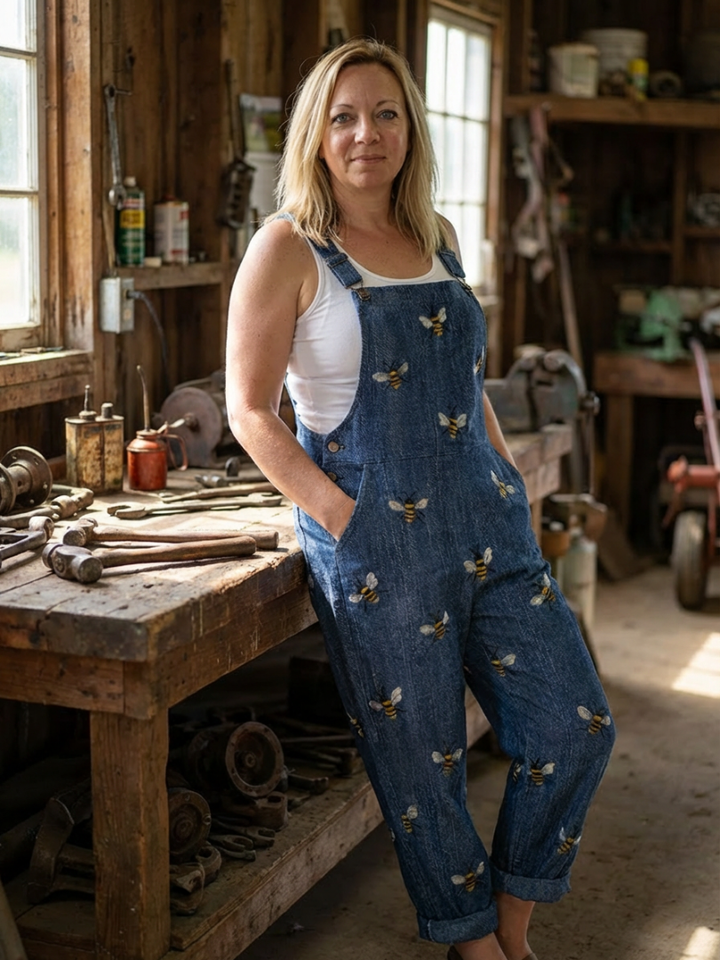 Lilian | Bee-Print Denim Dungarees