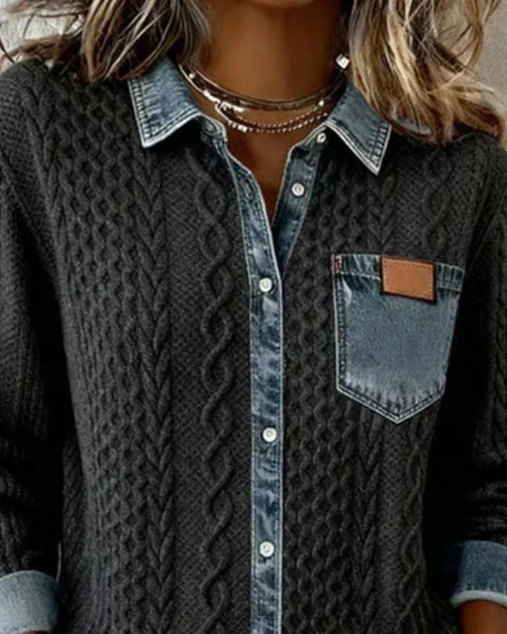 Blodwen – Cable Knit Denim Patchwork Shirt