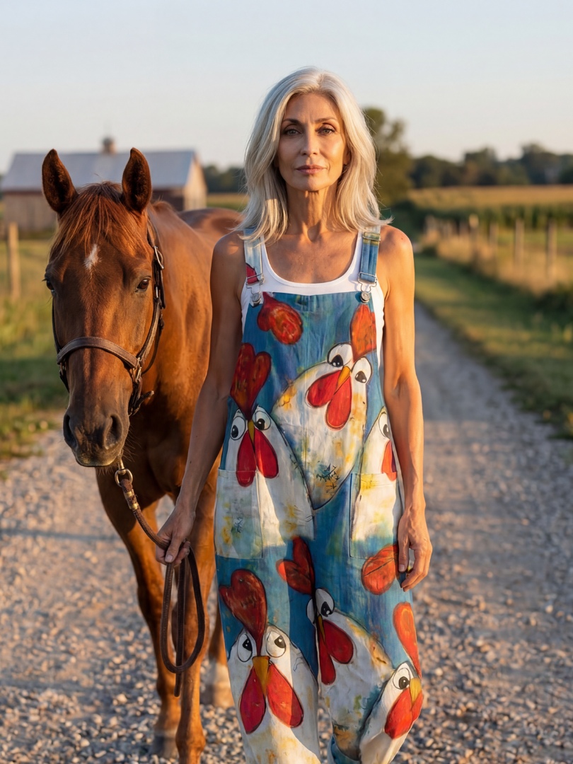 Natalie | Rooster-Print Dungarees