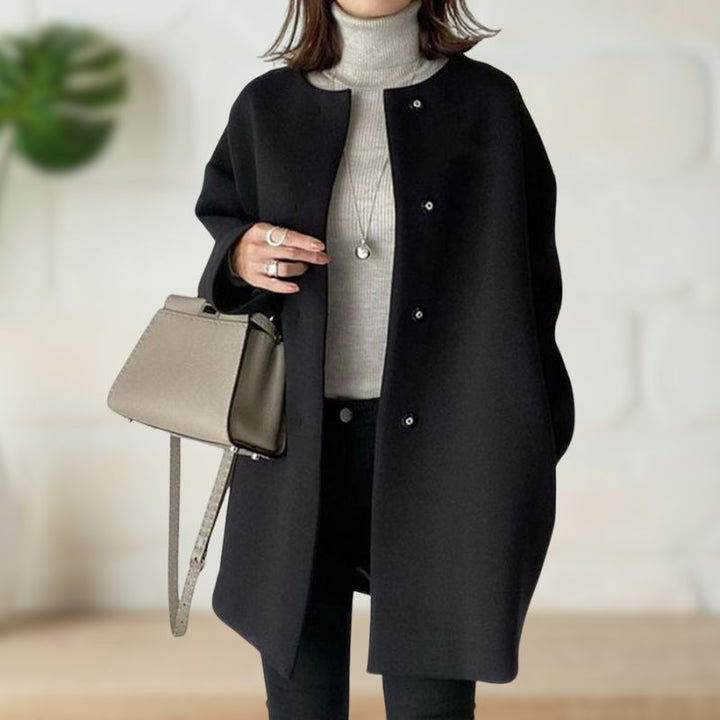 Cheryl – Mid-Length Collarless Button Coat