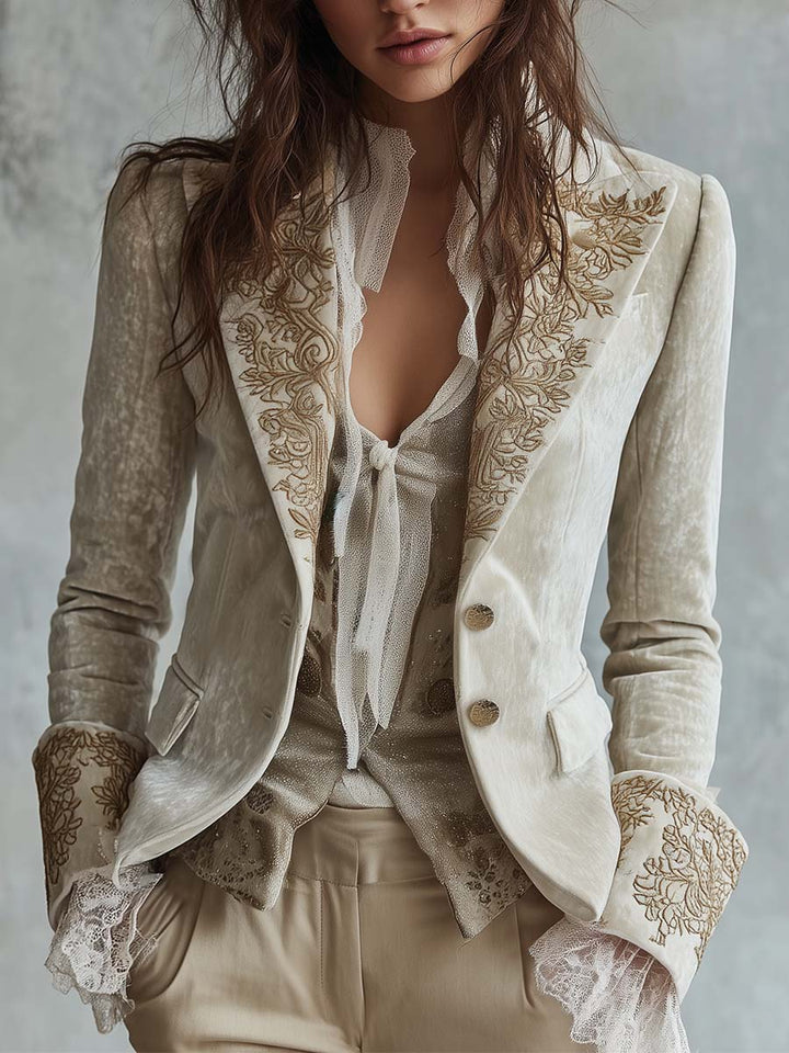 Hermione – Embroidered Blazer with Lace Cuff Detail
