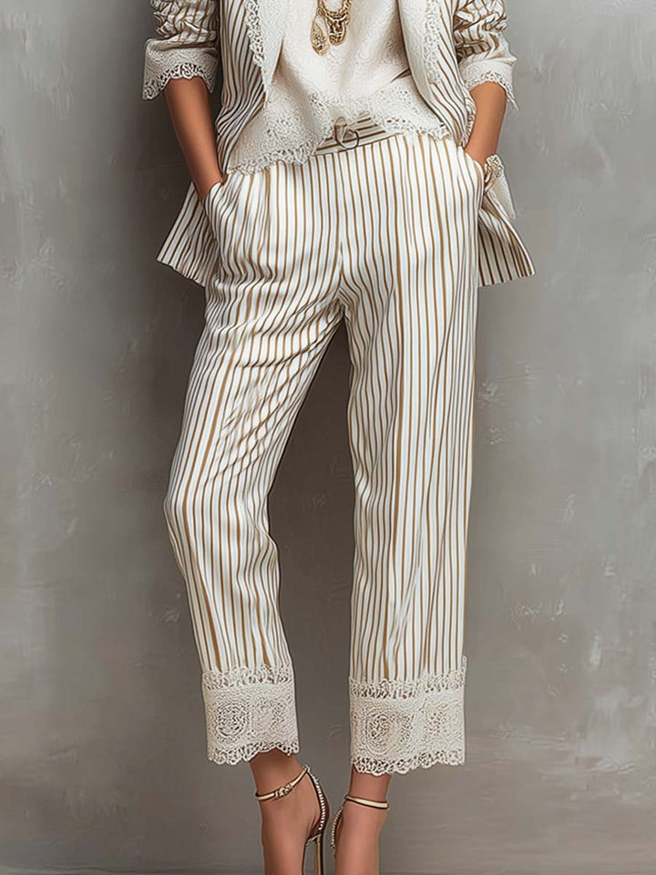 Yvette – Striped Lace-Trim Blazer Set