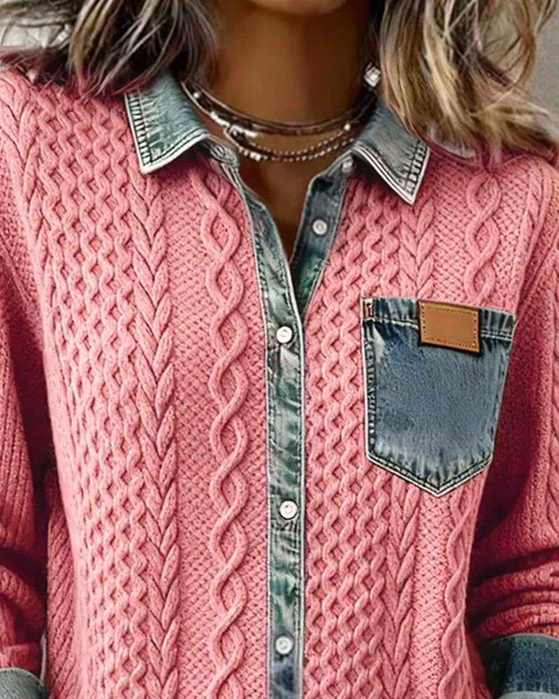 Blodwen – Cable Knit Denim Patchwork Shirt