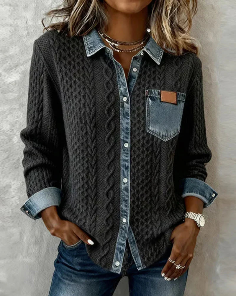 Blodwen – Cable Knit Denim Patchwork Shirt