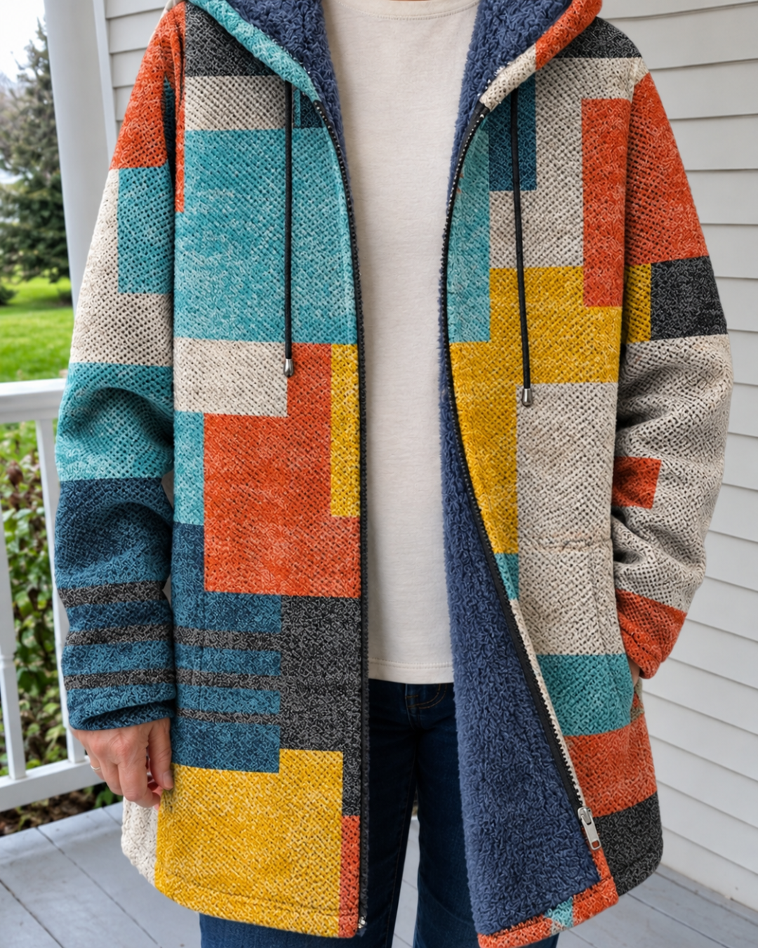 Eileen – Fleece-Lined Geometric Hooded Jacket