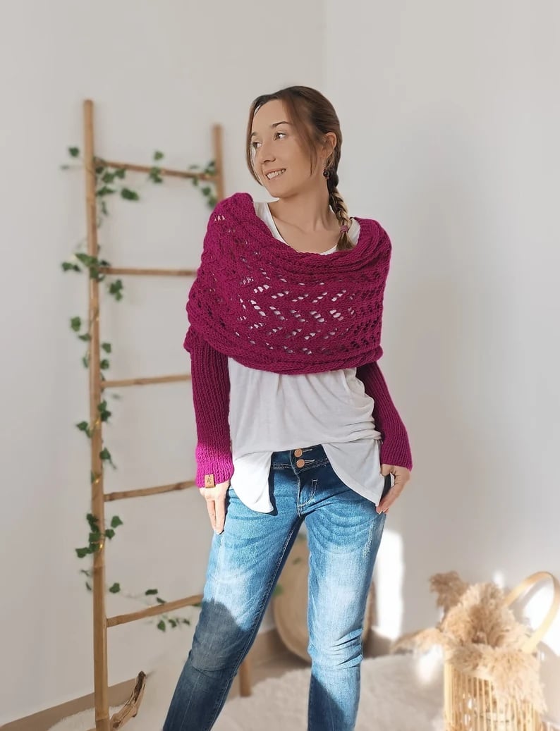 Lilian – Lace-Knit Wrap Shrug with Sleeves