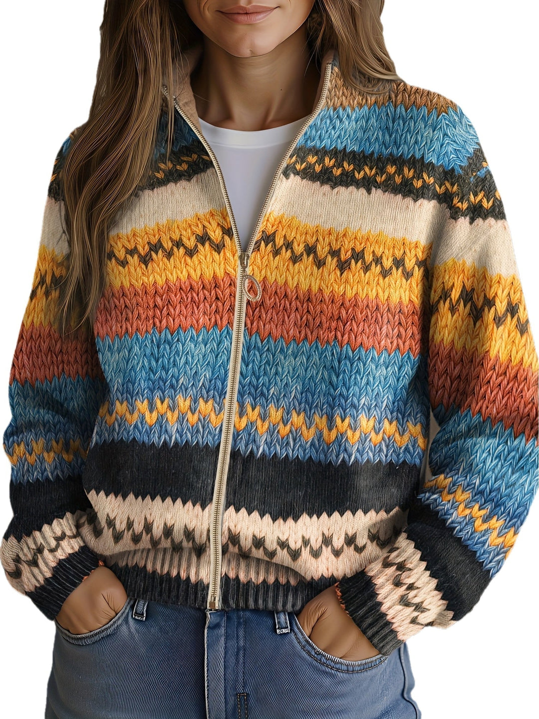 Irene – Striped Zip-Up Knit Cardigan