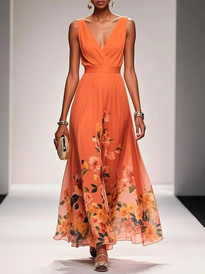 Alina | Light Blue Floral Chiffon V-Neck Maxi Dress