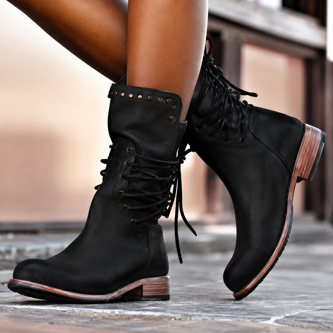 Camilla – Lace-Up Studded Mid-Calf Boots