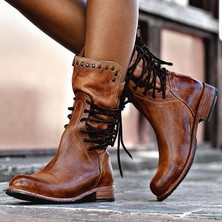 Camilla – Lace-Up Studded Mid-Calf Boots