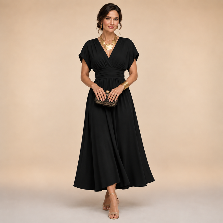 Emmeline – V-Neck Midi Dress with Flowing Skirt