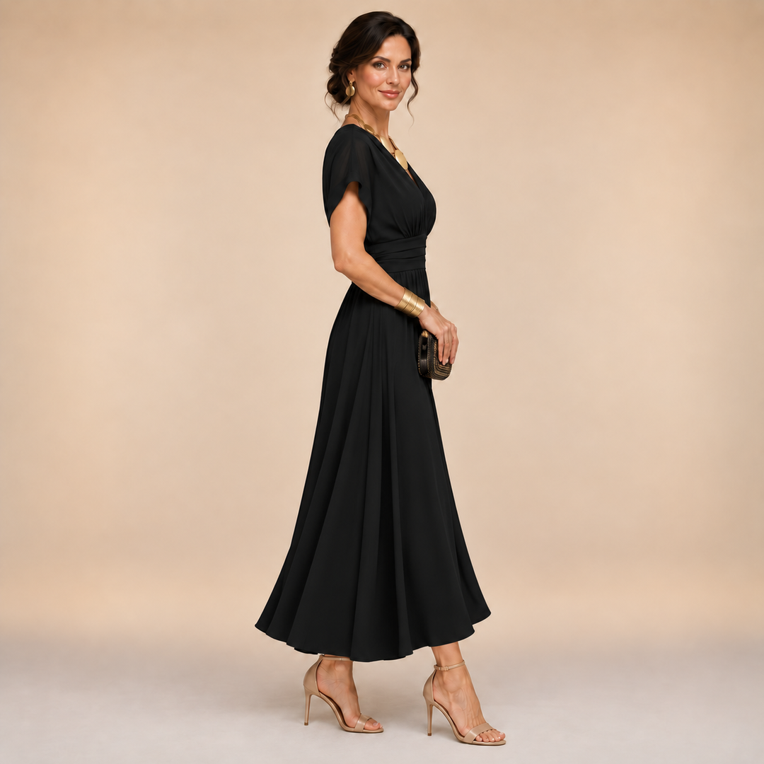 Emmeline – V-Neck Midi Dress with Flowing Skirt