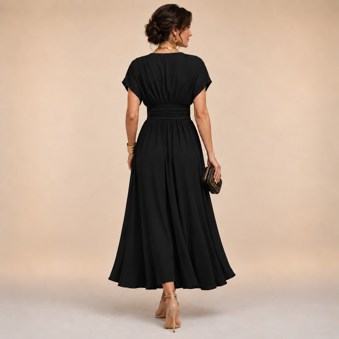 Emmeline – V-Neck Midi Dress with Flowing Skirt