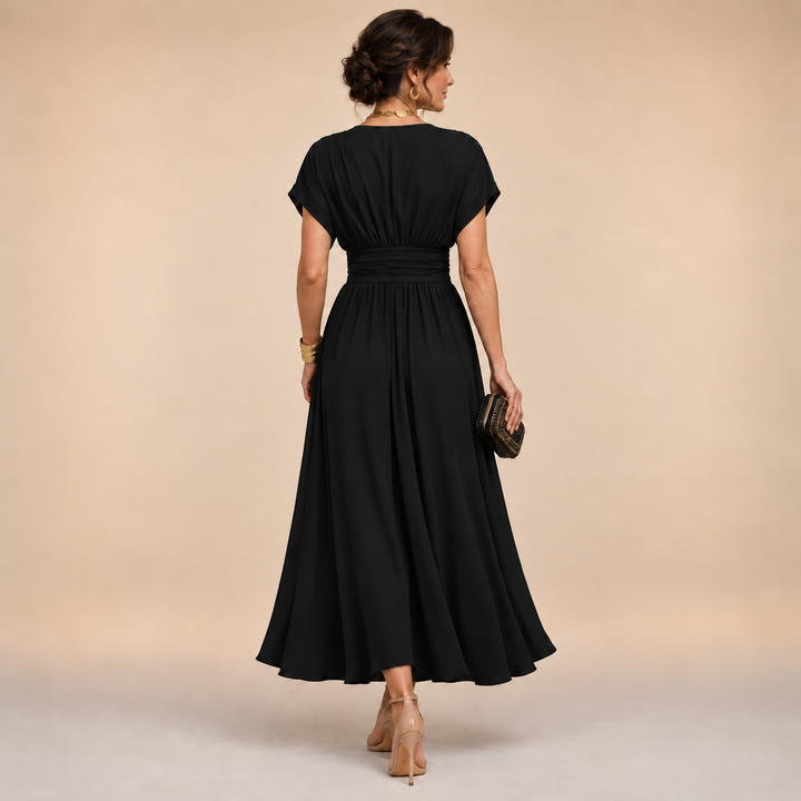 Emmeline – V-Neck Midi Dress with Flowing Skirt