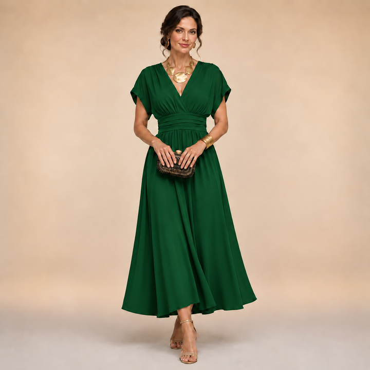 Emmeline – V-Neck Midi Dress with Flowing Skirt