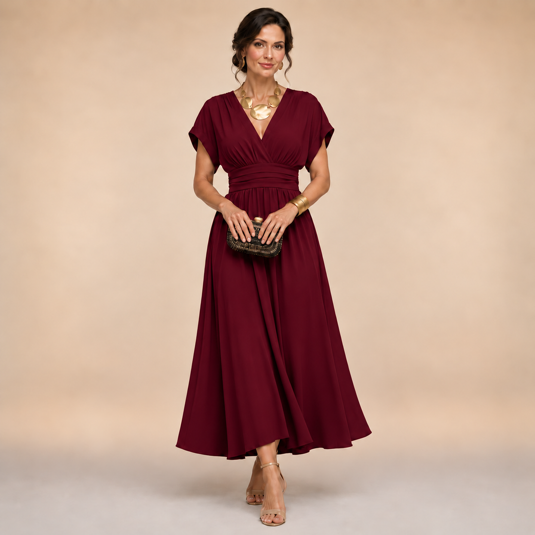Emmeline – V-Neck Midi Dress with Flowing Skirt