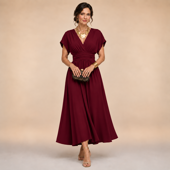 Emmeline – V-Neck Midi Dress with Flowing Skirt