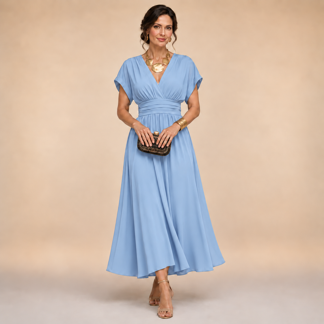 Emmeline – V-Neck Midi Dress with Flowing Skirt