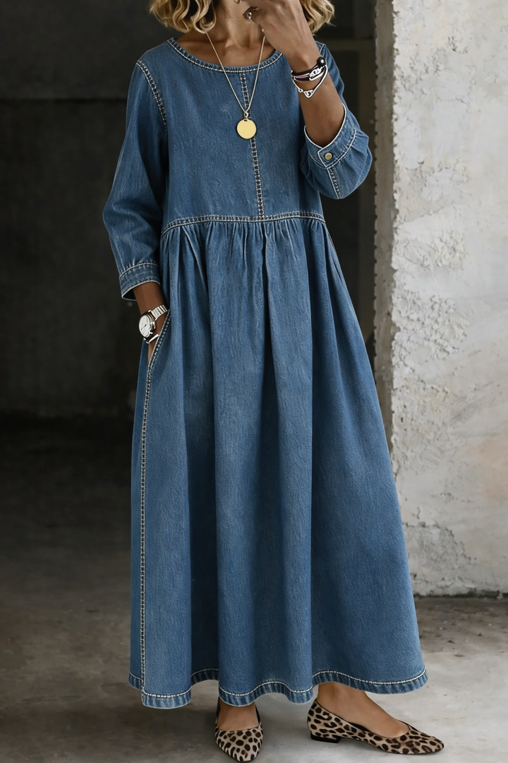 Nicola – Gathered Denim-Look Maxi Dress