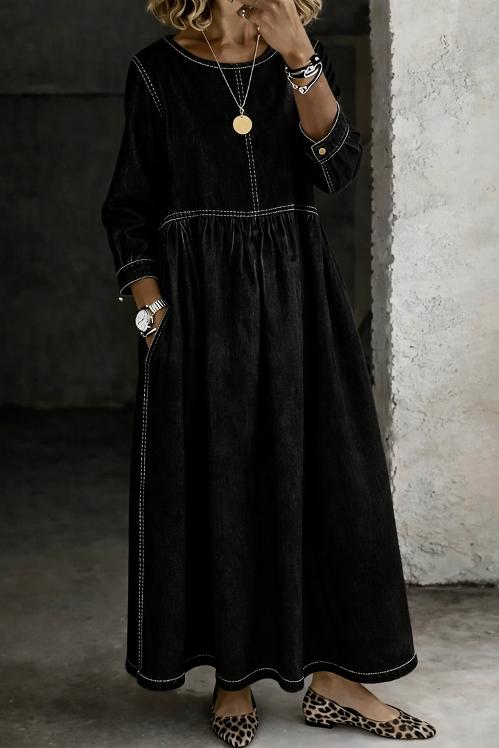 Nicola – Gathered Denim-Look Maxi Dress