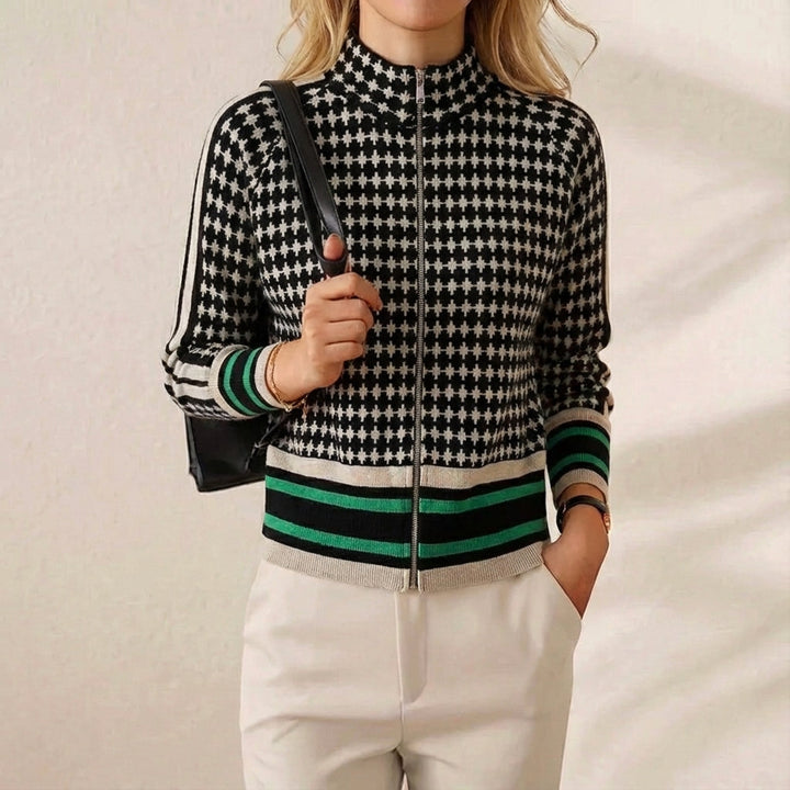 Lydia – Zip-Up Houndstooth Knit Cardigan