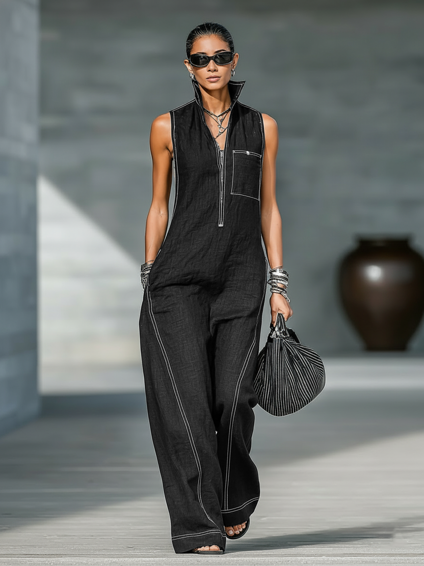 Bronwen – Wide-Leg Contrast Stitch Jumpsuit