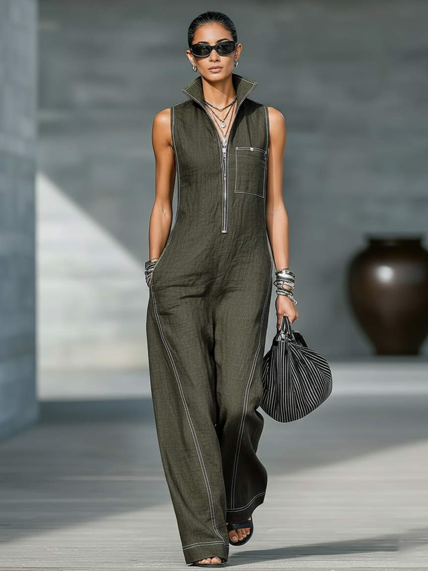 Bronwen – Wide-Leg Contrast Stitch Jumpsuit