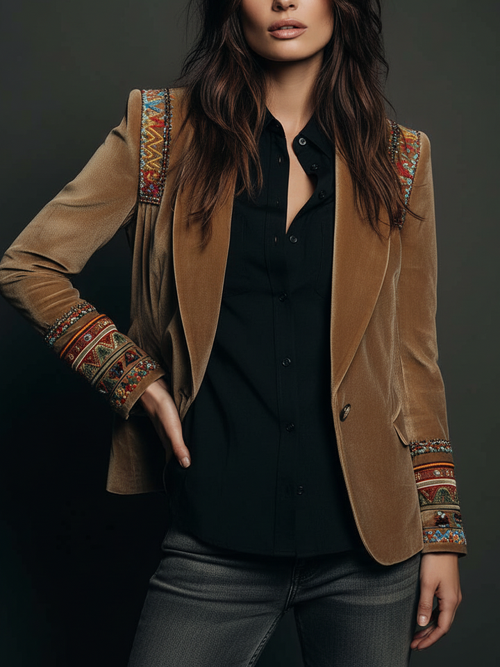 Muriel – Velvet-Look Blazer with Embroidered Detail
