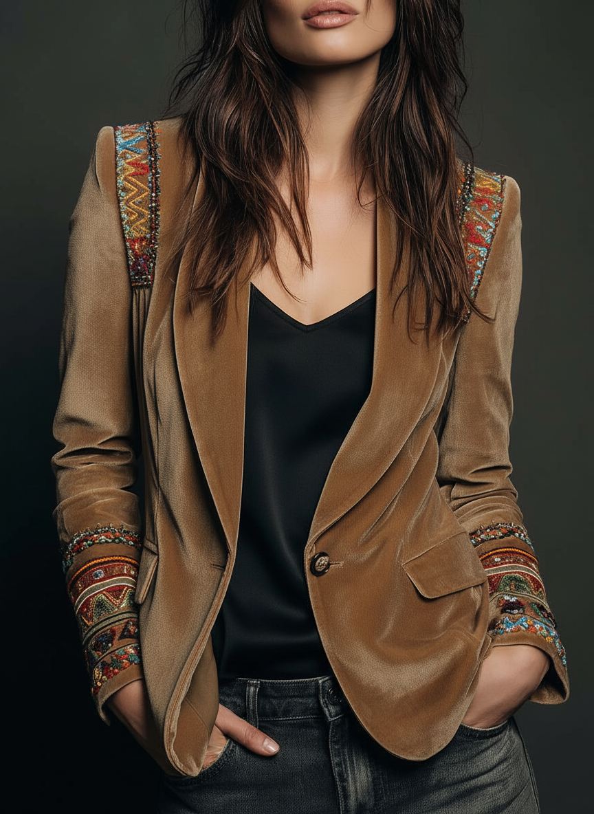 Muriel – Velvet-Look Blazer with Embroidered Detail