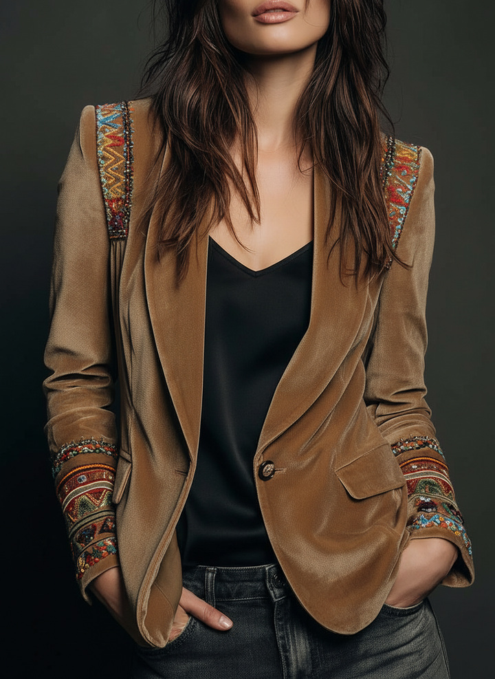 Muriel – Velvet-Look Blazer with Embroidered Detail