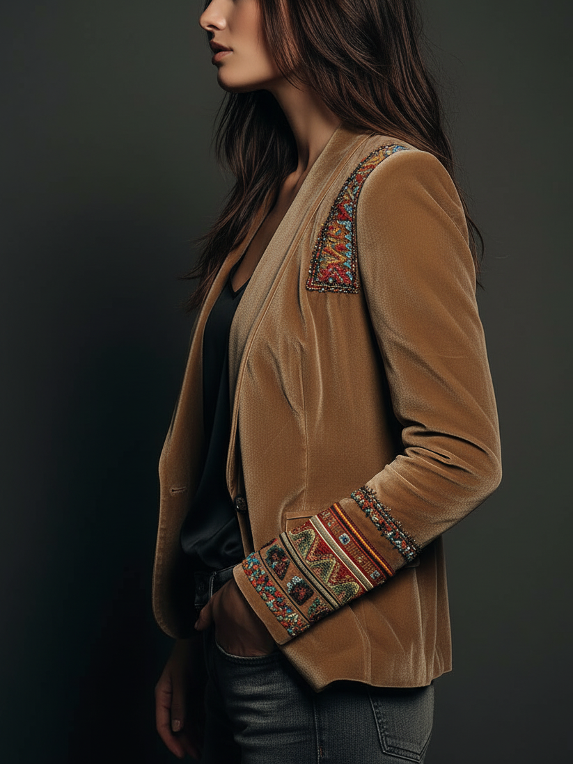 Muriel – Velvet-Look Blazer with Embroidered Detail