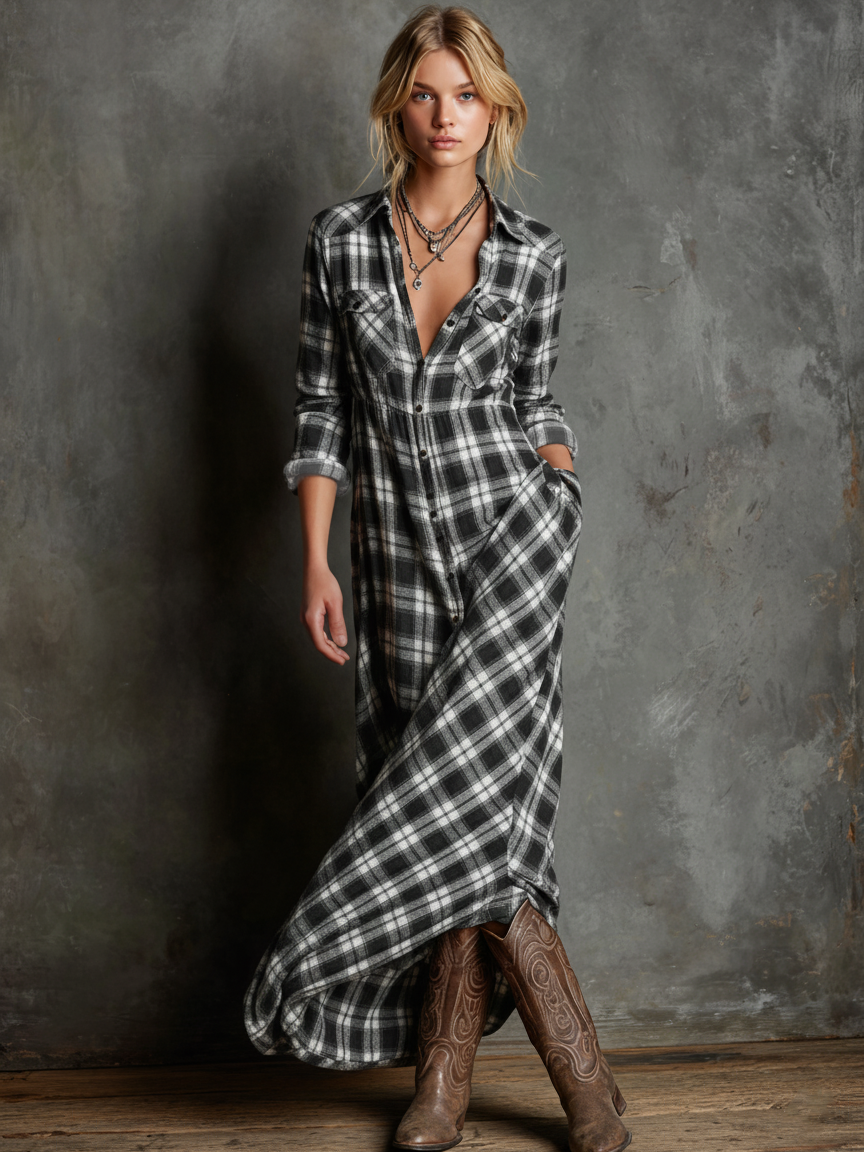 Mhairi – Plaid Shirt Maxi Dress