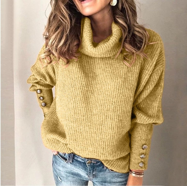 Zillah – Polo Neck Knit Pullover with Button Cuffs