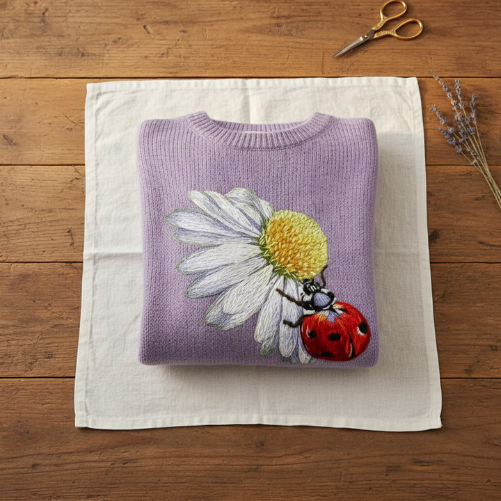 Joyce – Knit Jumper with Daisy and Ladybug Print