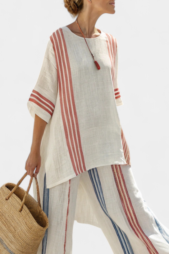 Tracy | Sophisticated Multicolour Striped Top & Mediterranean Trousers