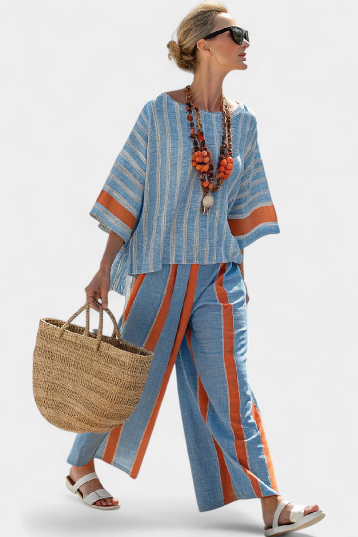 Kacie | Sophisticated Terracotta Striped Top & Linen Trousers