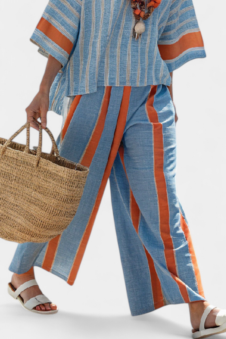 Kacie | Sophisticated Terracotta Striped Top & Linen Trousers