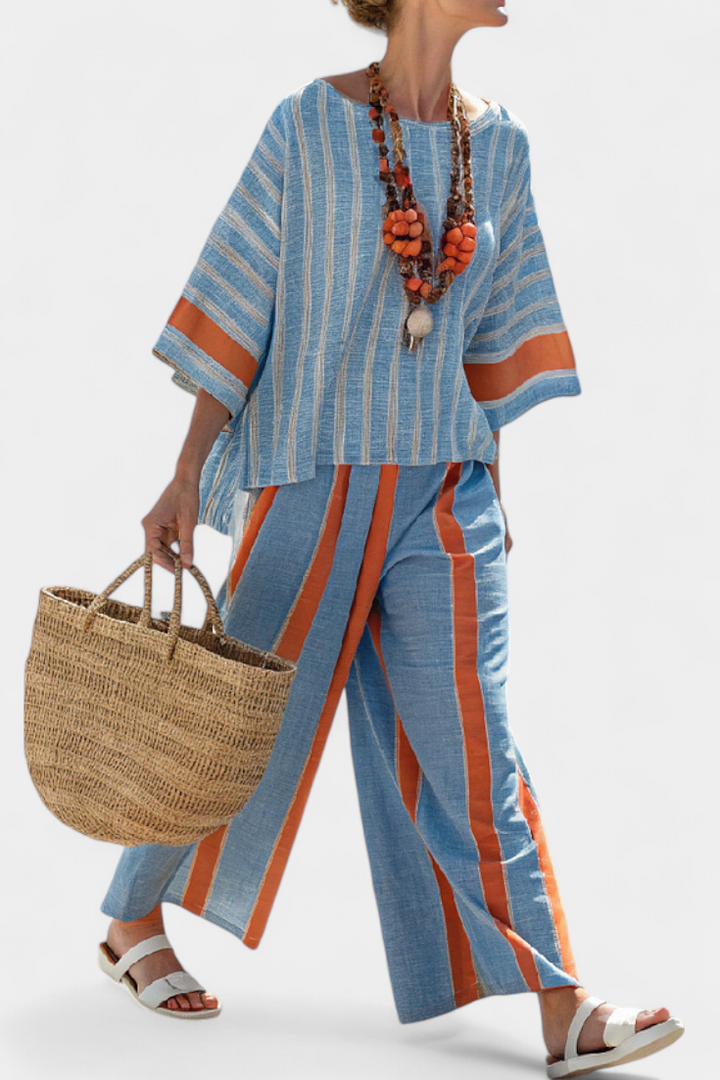 Kacie | Sophisticated Terracotta Striped Top & Linen Trousers