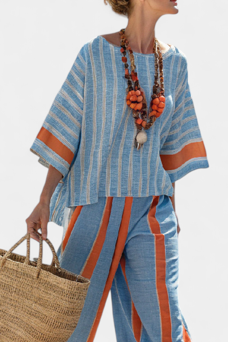 Kacie | Sophisticated Terracotta Striped Top & Linen Trousers
