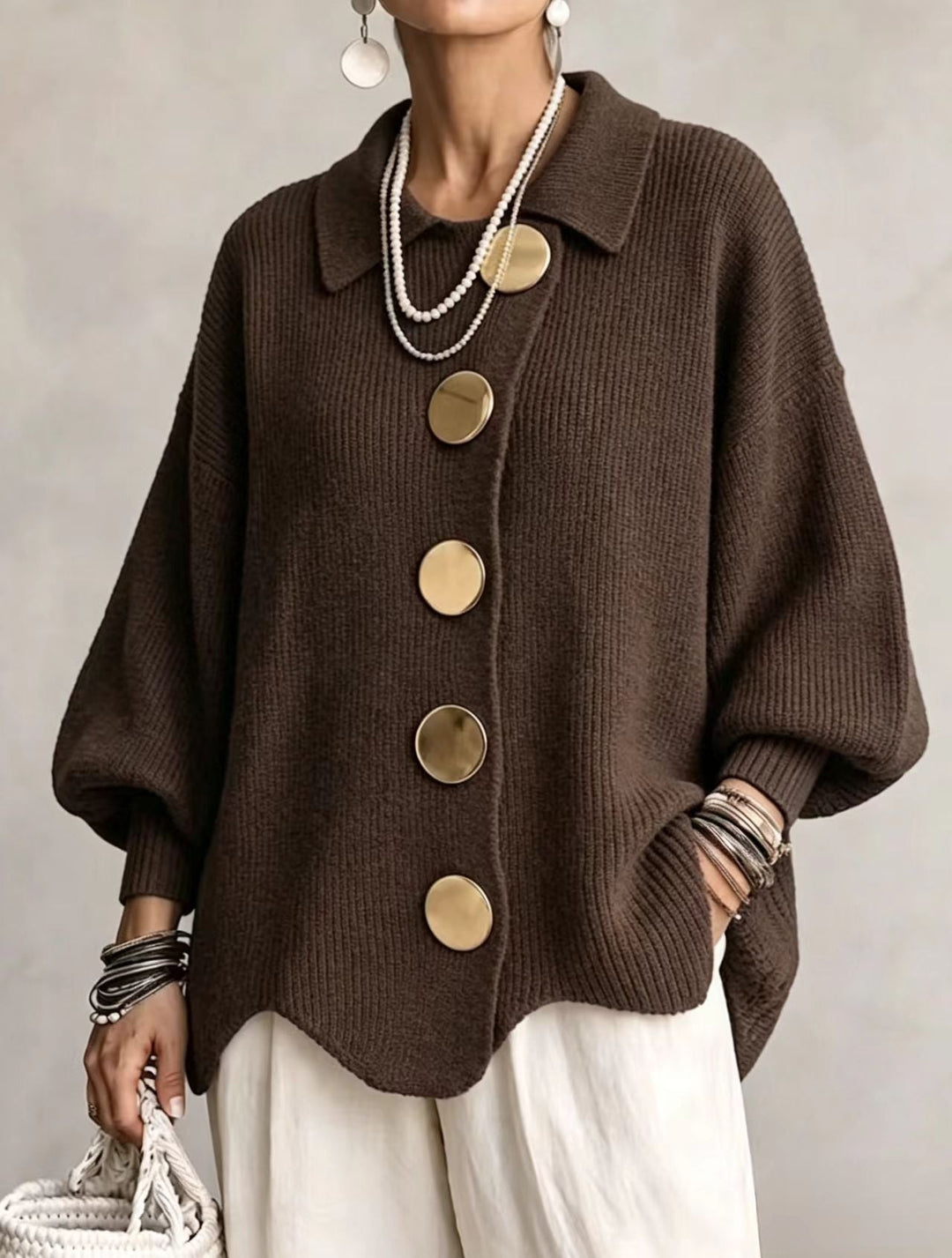 Pamela – Oversized Knit Cardigan with Gold Buttons