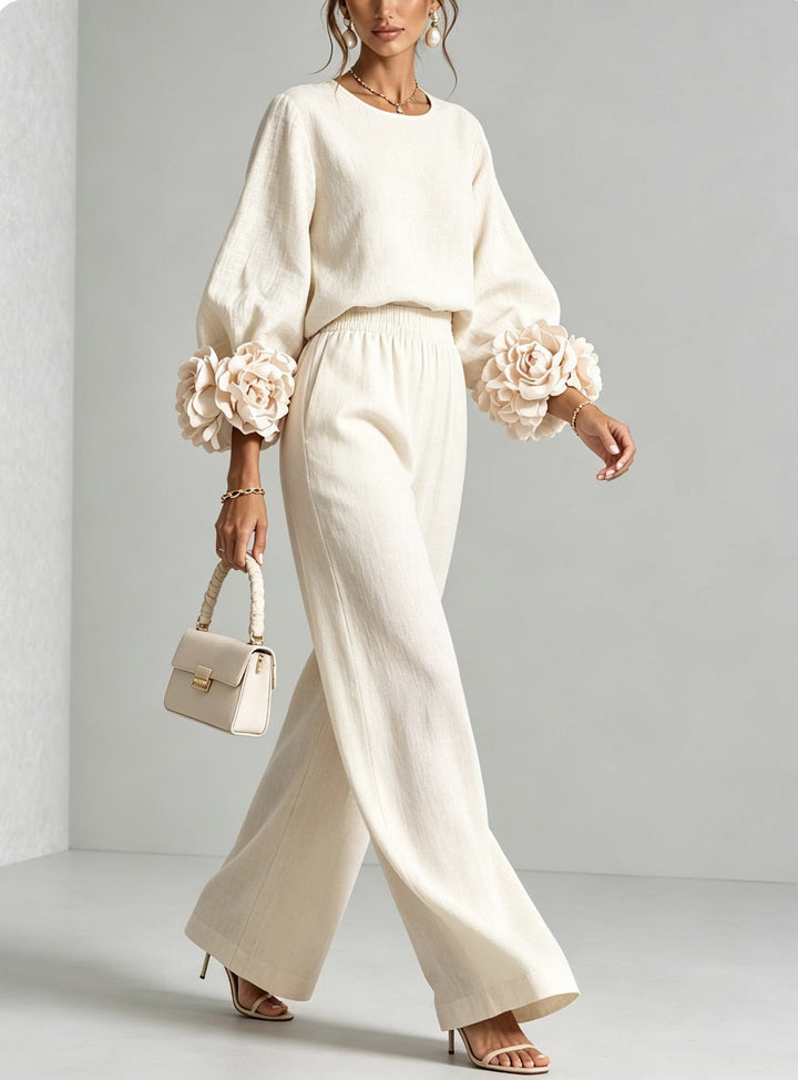 Kitty – Floral Cuff Wide-Leg Two-Piece Set