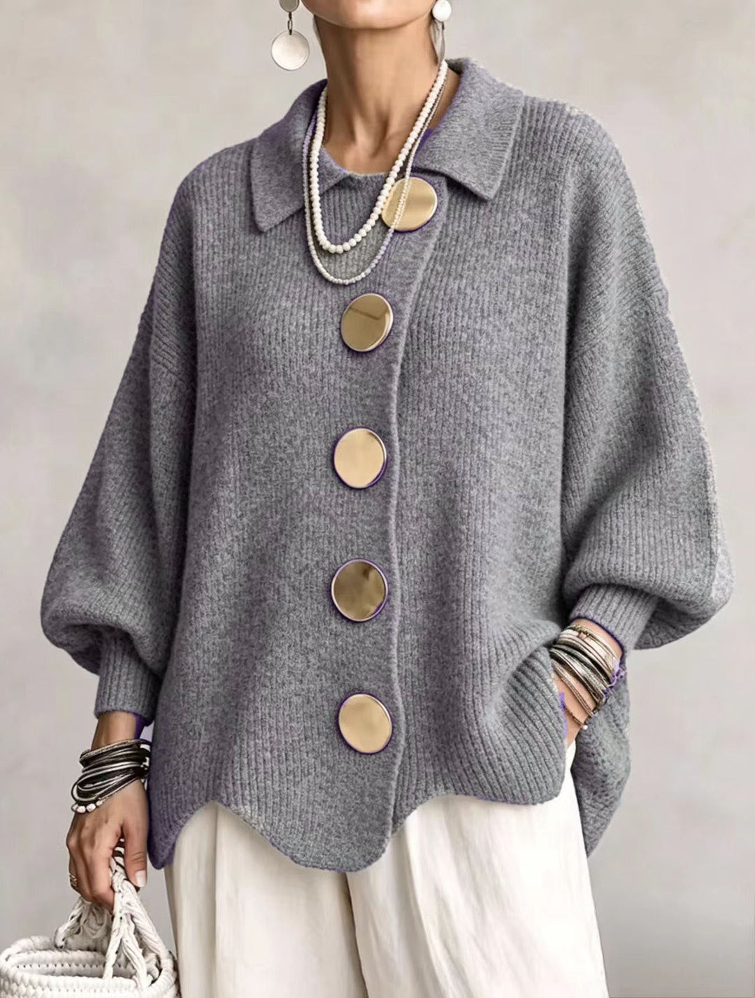 Pamela – Oversized Knit Cardigan with Gold Buttons