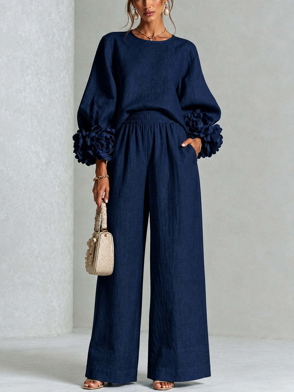 Kitty – Floral Cuff Wide-Leg Two-Piece Set