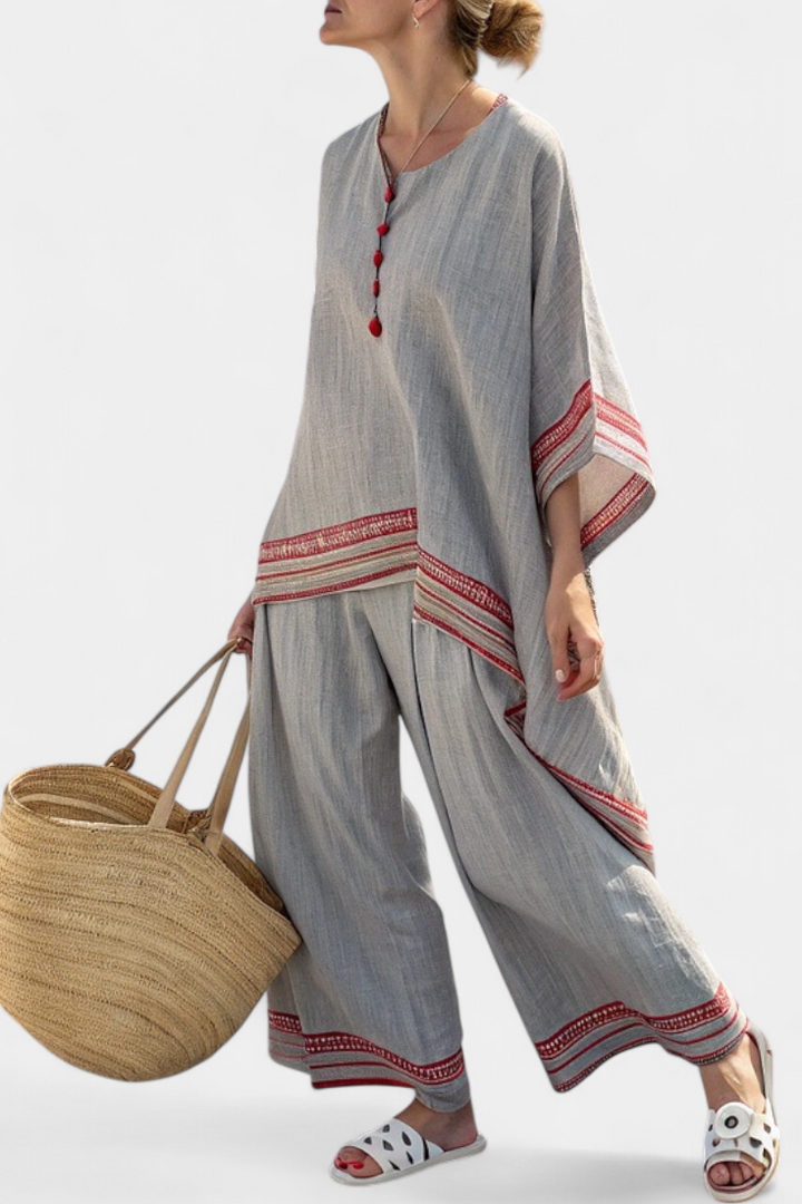 Kayleigh | Sophisticated Asymmetrical Blouse & Ethnic Wide-Leg Trousers
